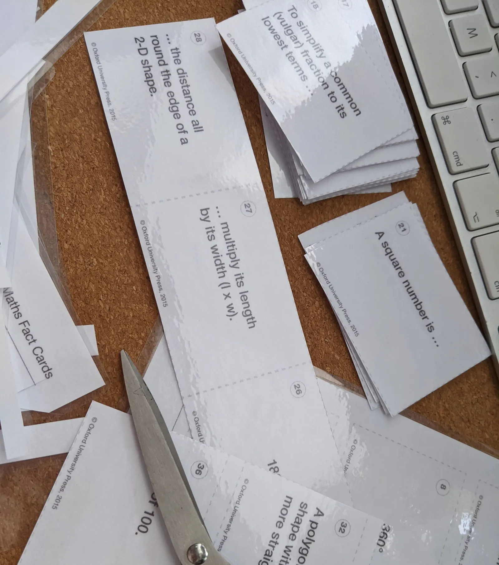 Maths vocabulary cards being cut out with scissors on a desk